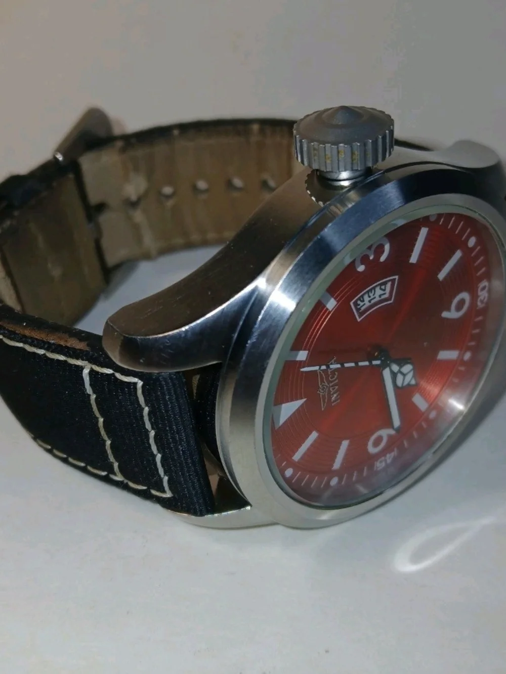 Invicta Aviator Mens Watch 50mm Red Dial Date Stainless Case Black Canvas Strap